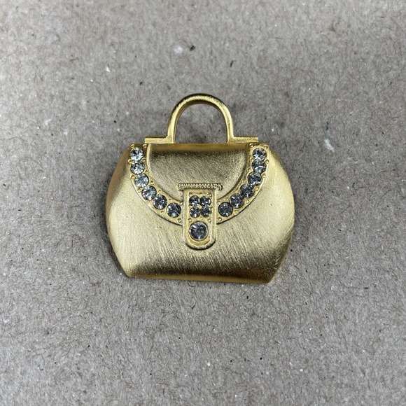 Jewelry - Vintage JJ Jonette LADIES PURSE TOTE BAG Brooch Pin RHINESTONES Gold Tone‎ Bling